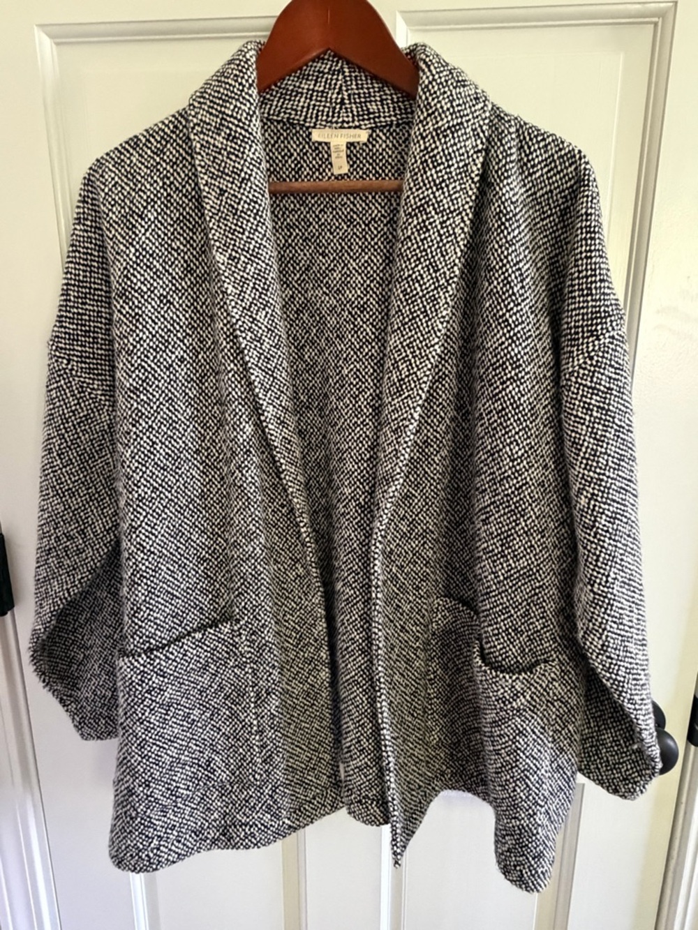 Eileen Fisher M Tweed Organic Cotton Open Front Jacket Cardigan Blazer Black EUC